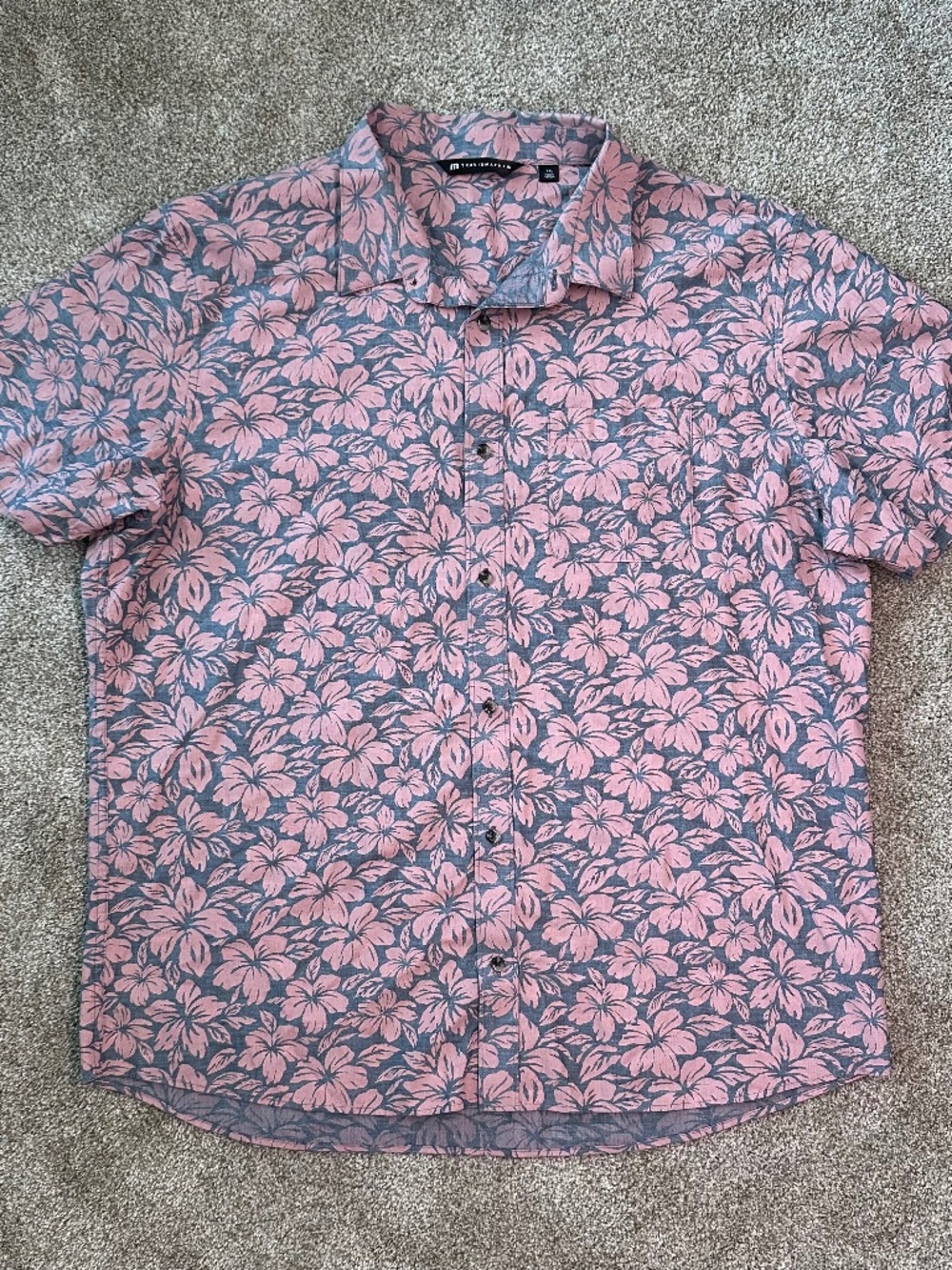 TravisMathew Floral Hawaiian Short Sleeve Button Up Shirt Pink Gray XXL